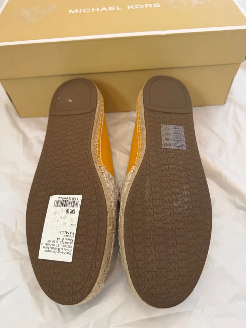 Michael Kors MK Logo Espadrille Flats in White and Tan with Yellow Trim